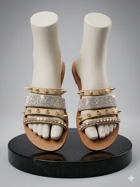 Women's Nude Crystal & Stud Slide Sandals